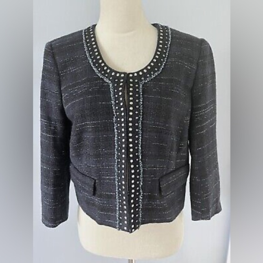 Ann Taylor LOFT 3/4 Sleeve Tweed Studded Cropped Blazer Dark Blue size 8